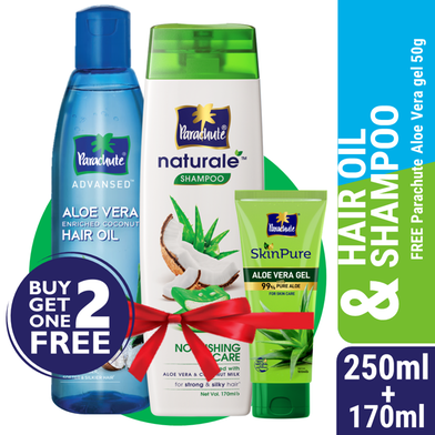 Parachute Hair Oil Advansed Aloe Vera Enriched Coconut 250ml Parachute Naturale Shampoo Nourishing Care 170ml (Free SkinPure Aloe Vera Gel 50g) image