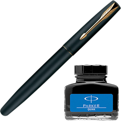 Parker Frontier Matte Black Fountain Pen Plus Quink Ink Bottle image