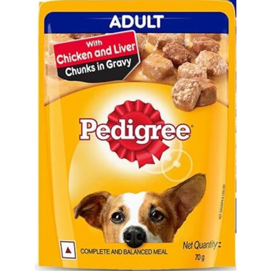 Pedigree Pouch Adult Dog Food With Chicken and liver Chunks In Gravy 70 gm image