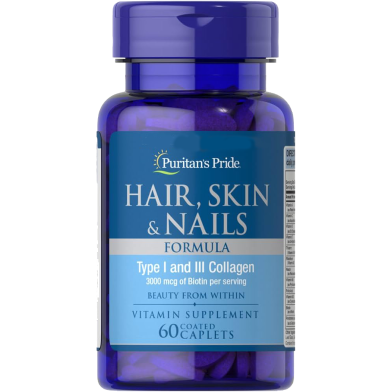 Puritan’s Pride Hair Skin and Nails Biotin 3000 Mcg Formula Coated 60 Tablet image