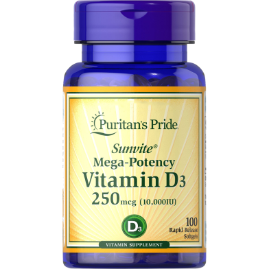 Puritan's Pride Vitamin D3 250 mcg (10,000 IU) 100 Softgels -275451707 image