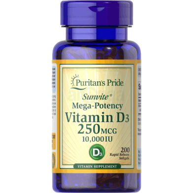 Puritan’s Pride Vitamin D3 250 mcg (10,000 IU) 200 Softgels image