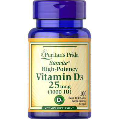 Puritan’s Pride Vitamin D3 25 mcg (1000 IU) 100 Softgels image