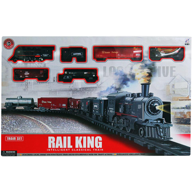 Rail King Train set Toy for kids Battery operated with Smoke Light Sound Locomotive Engine Cargo Car and Tracks image