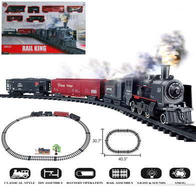 Rail King Train set Toy for kids Battery operated with Smoke Light Sound Locomotive Engine Cargo Car and Tracks image