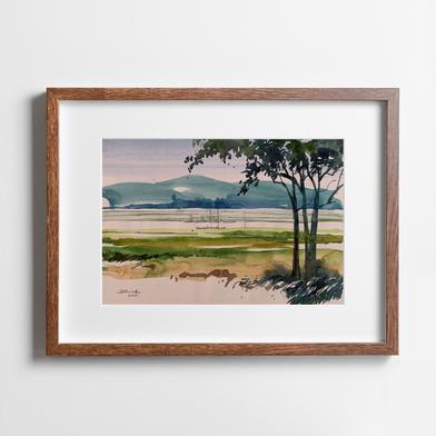River and Hill Watercolor Painting - (17x14)inches image