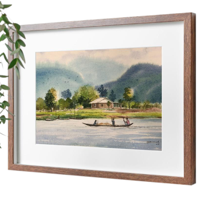 River and Hill Watercolor Painting - (18x15)inches image