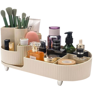 Roktry 360 Rotating Makeup Desk Cosmetic Storage Box Organizer With Drawers, Cosmetic Dressing Table Sorting Plastic, Desktop Cosmetics image