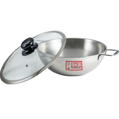 SKB Food Grade Stainless Steel 3 Layer Wok With Glass Lid-28 CM image