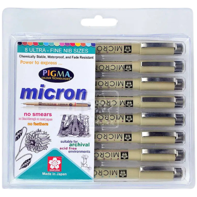 Sakura Pigma Micron Pen Set , Art Marker Pens Graphic Brush Needle Drawing Markers black ink Sketch- 8 Pcs image