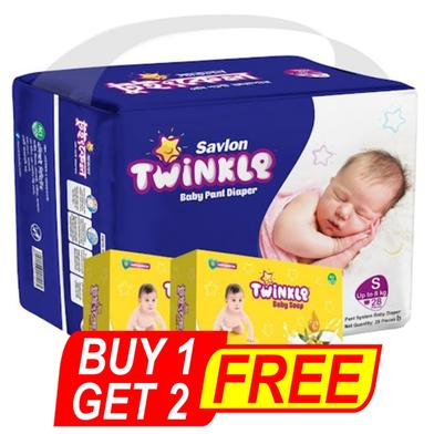 Savlon Twinkle Pant system Baby Diaper (S Size) (Up To 8kg) (28 pcs) (2 pcs Twinkle baby Soap 75 gm) FREE image