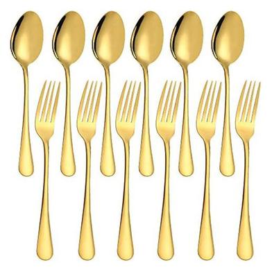 Set of 12 Gold Plated Stainless Steel Heavy-Duty Forks (6 Inch) and Spoons (6 Inch) Cutlery Set image
