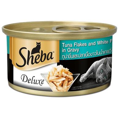 Sheba Delux Can Premium Wet Cat Food Tuna Flakes and White Fish In Gravy 85g image