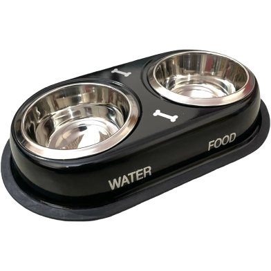 Stainless Steel Double Diner Dog and Cat Food Bowls With Anti Slip Mat 1 Pcs image