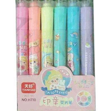 Stamp Highlighters 2-in-1 Pastel Color Marker Pen Cute Stationery Cartoon Highlighters Pack Of 6 Pens For Kids image