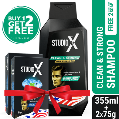 Studio X Clean And Strong Shampoo For Men 355ml (75gm X 2 Soap Free) image