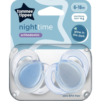 Tommee Tippee Night Time Soother Glow in The Dark Soothers with Reusable Steriliser Pod, Assorted Colours 6-18 Months, Set of 2 image