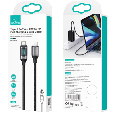 Usams US-SJ559 U78 Type-C PD100W Fast Charge Digital Data Cable (Black) Length - 3m image