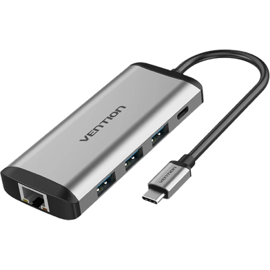 VENTION THAHB 9 IN 1 Multi-Function Type-C To HDMI/USB3.0 3/TF/SD/RJ45/3.5mm/PD Docking Station 0.15m Gray Metal Type image