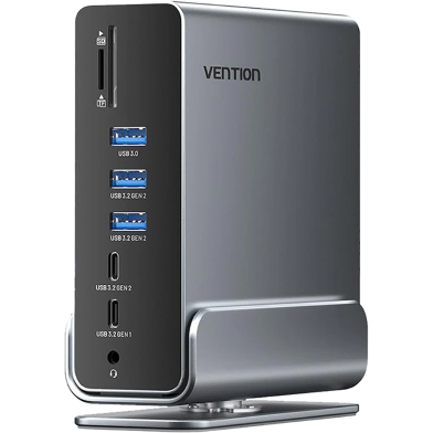 VENTION TPUH0 USB-C To DP/HDMI x 2/USB 3.2 Gen 2 Type-C/USB 3.2 Gen 2 Type-A x 2/USB 3.2 Gen 1 Type- C/USB 3.0/USB 2.0 x 2/RJ45/SD/TF/3.5mm TRRS/PD MST Docking Station Gray Vertical Aluminum Alloy Type image