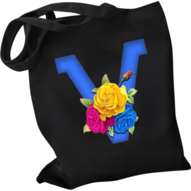 V-Letter Canvas Shoulder Tote Shopping Bag With Flower image