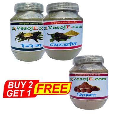 VesojE Agro Neem Powder - 150 gm And Mehedi Powder150gm With VesojE Agro Trifola Powder 150gm (Buy 2 Get 1) image