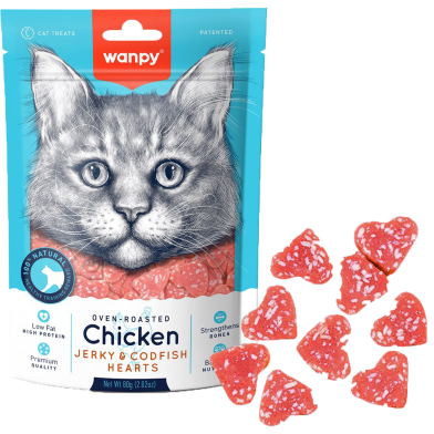 Wanpy Oven-Roasted Cat Dry Treat Chicken Jerky and Codfish Hearts for Cats 80 gm image