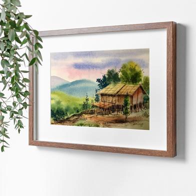 Watercolor Landscape Painting includes Hut on Upland - (18x15)inches image