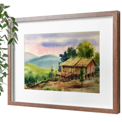 Watercolor Landscape Painting includes Hut on Upland - (18x15)inches image