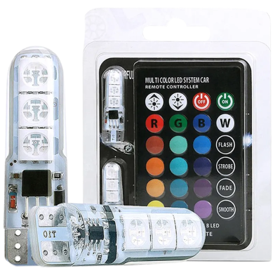 Waterproof RGB LED Multi Color Bright Parking Sports Light With Memory Function For Motorcycle Car 12V T10 LED 5050SMD RGB Flashing Silicone Coated 2Pcs image