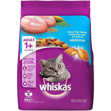 Whiskas Adult (1 Year) Dry Cat Food Ocean Fish Flavour 480g image