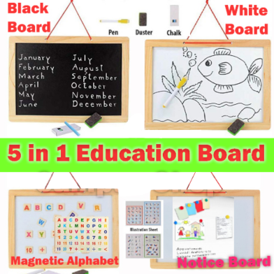 White Board 13/17 Inchs Black Slate, Alphanumeric Magnet, Magnetic Mathematical Signs 5 in 1 Wooden Frame Double Sided image