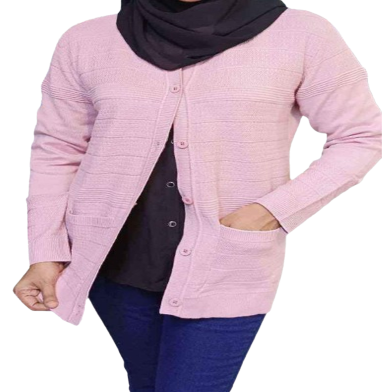 Women Woolen Round Neck Cardigan Sweater for Winter Wear - Pink image