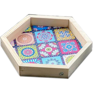 Wooden Hexagon Tray, Mandela Print, Washable, Waterproof Print image