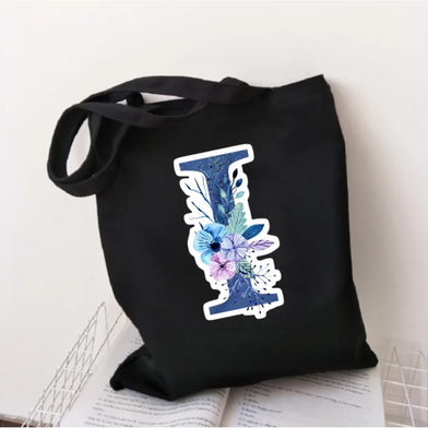  I-Letter Canvas Shoulder Tote Shopping Bag With Flower image