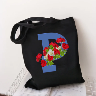  P-Letter Canvas Shoulder Tote Shopping Bag With Flower image