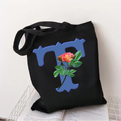  T-Letter Canvas Shoulder Tote Shopping Bag With Flower image