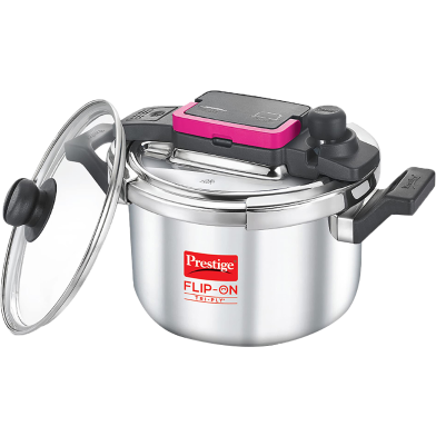  Prestige FLIP-ON TRI-PLY Stainless Steel Pressure Cooker with Glass Lid Silver and Black, Innovative Lock Lid with Spillage Control image