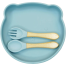 Baby Feeding Dining Plate Cartoon Kids Dishes Eating 1 Plate Plus 2 Spoon Silicone Set Blue image